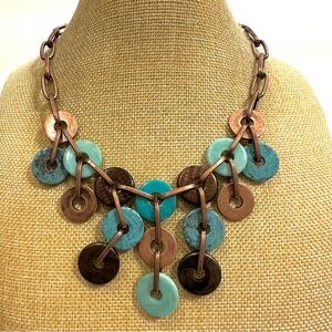 Boho Steampunk Bib Statement Necklace-copper and turquoise / teal glass discs